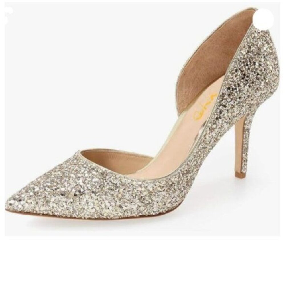 XYD Gold-glitter D'Orsay Low Heels Slip-on Closed Pointed Toe Pumps Shoes